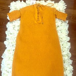 Mustard Smocked Lace Up Dress